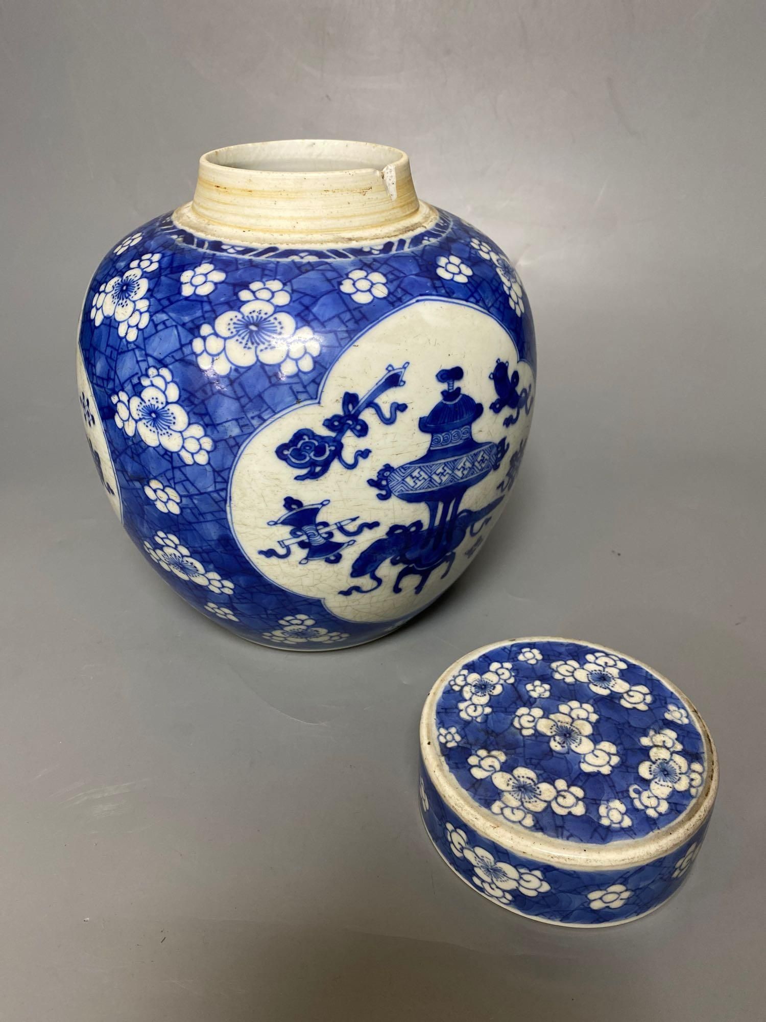 A Chinese blue and white ginger jar and cover, Kangxi period, 22.5cm and two blanc de chine dogs of fo